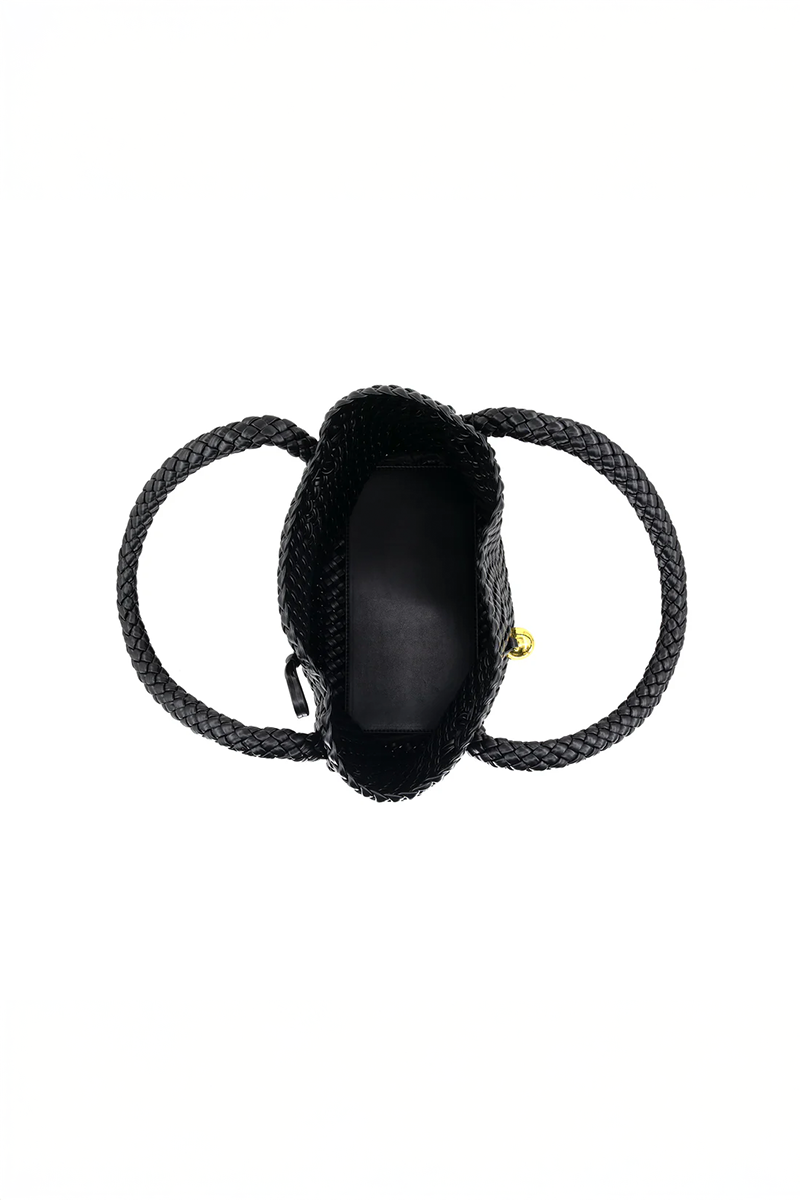 Open black bag with a textured black strap on a white background