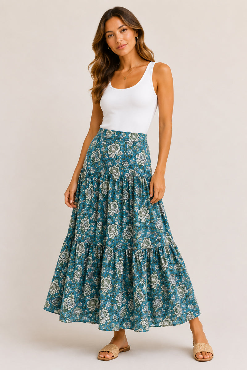 Green Print Cotton Tiered Skirt