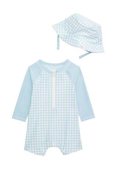 Light blue checkered baby swimsuit with matching hat on a white background