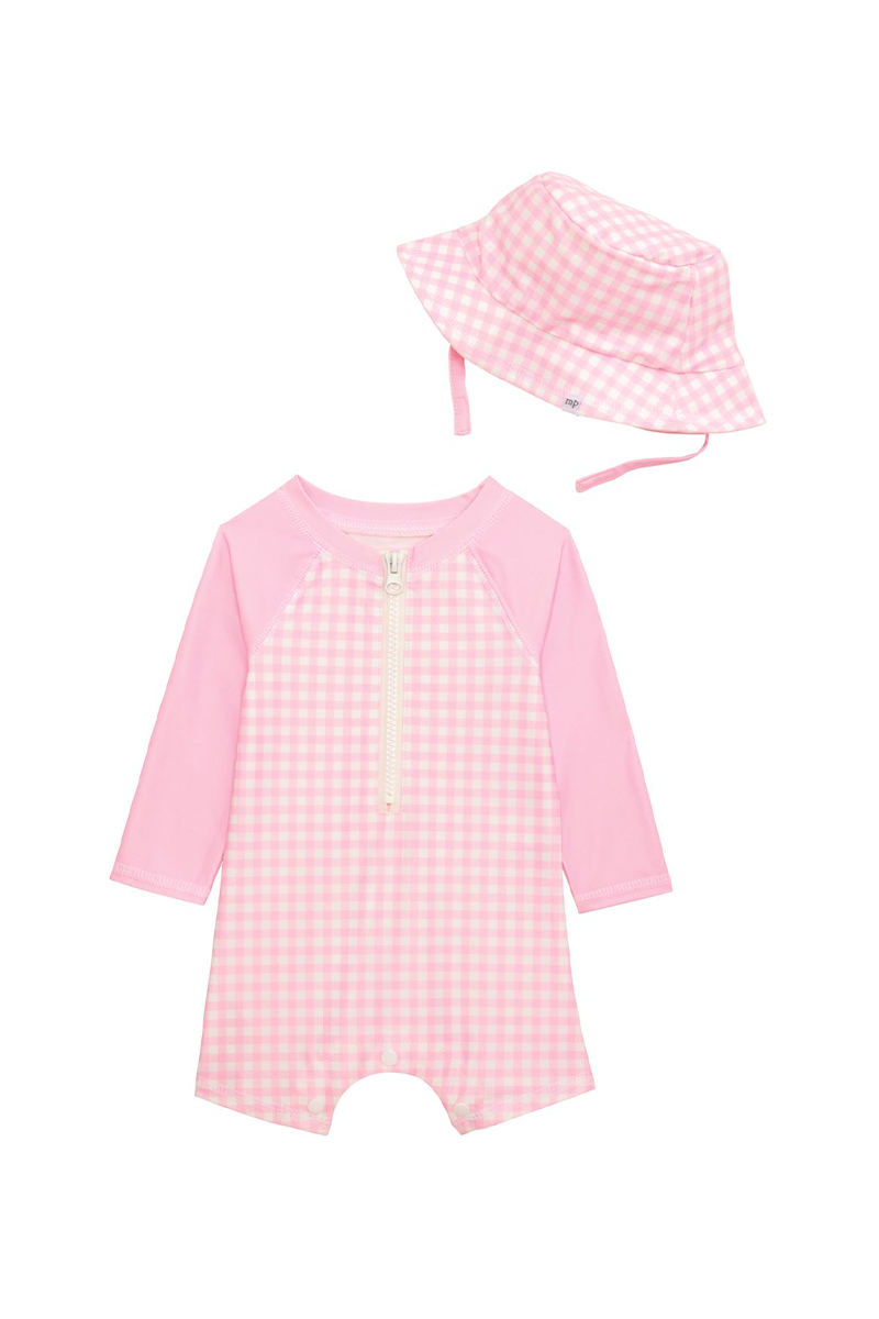 Pink gingham baby romper with matching hat on a white background