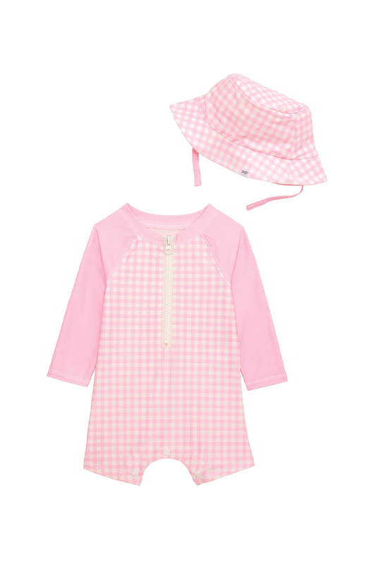 Pink gingham baby romper with matching hat on a white background