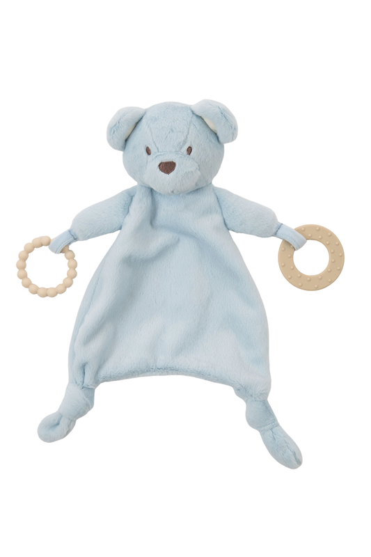 Blue teddy bear baby comfort blanket with wooden ring teethers on a white background