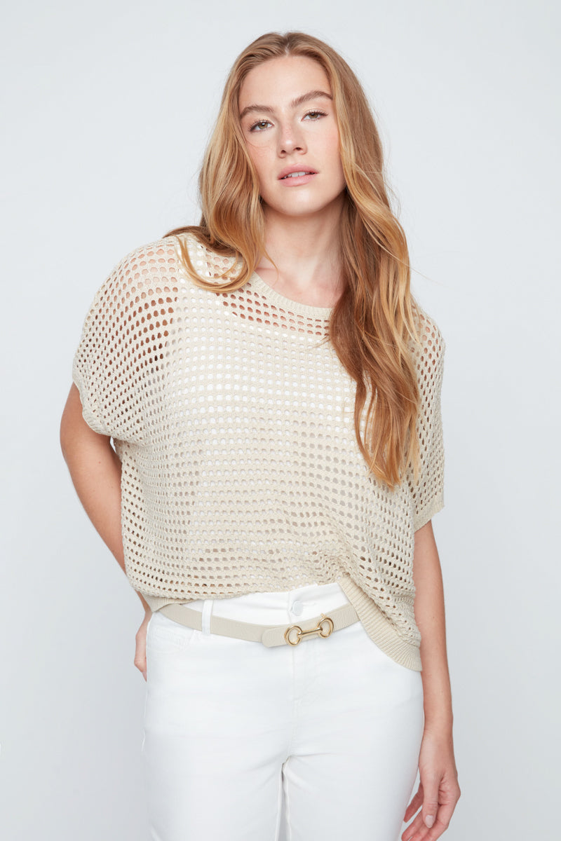 Beige Crochet Relaxed Top With Gold Thread