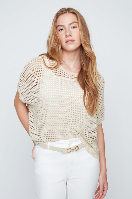Beige Crochet Relaxed Top With Gold Thread