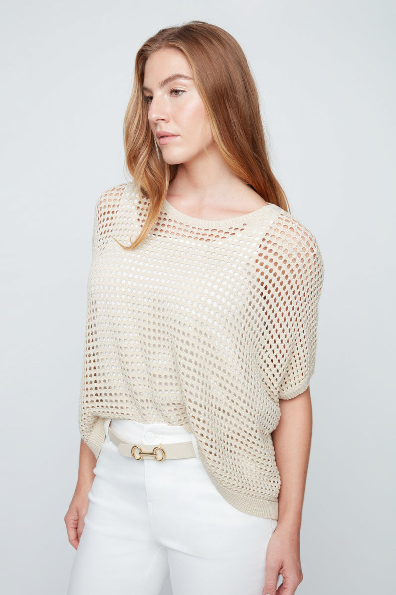 Beige Crochet Relaxed Top With Gold Thread