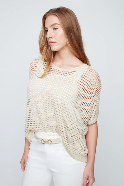 Beige Crochet Relaxed Top With Gold Thread