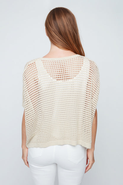 Beige Crochet Relaxed Top With Gold Thread
