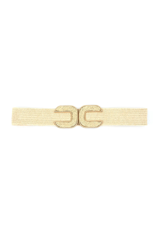 Beige raffia belt with a large buckle on a white background