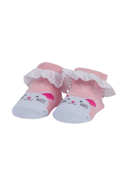Pair of baby socks with pink and white design on a white background