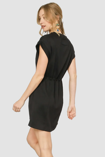 Black Drawstring Waist Sweatshirt Dress