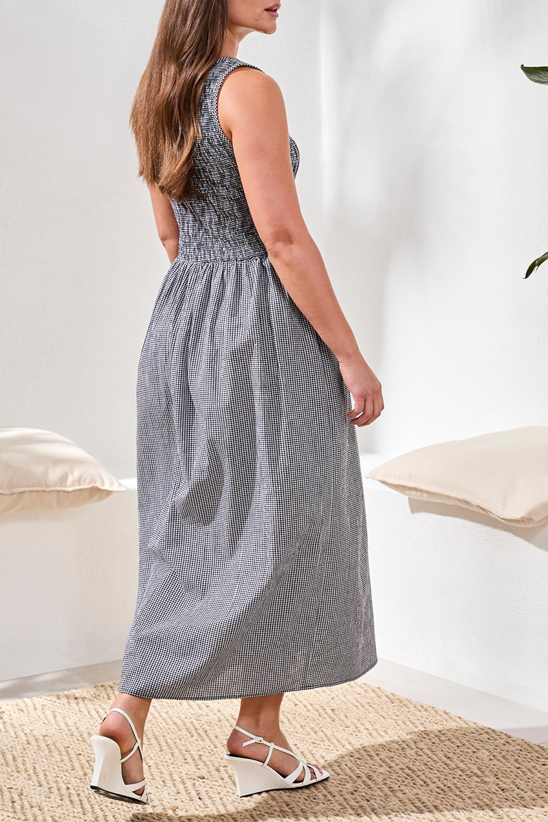 Black Gingham Smocked Midi Dress