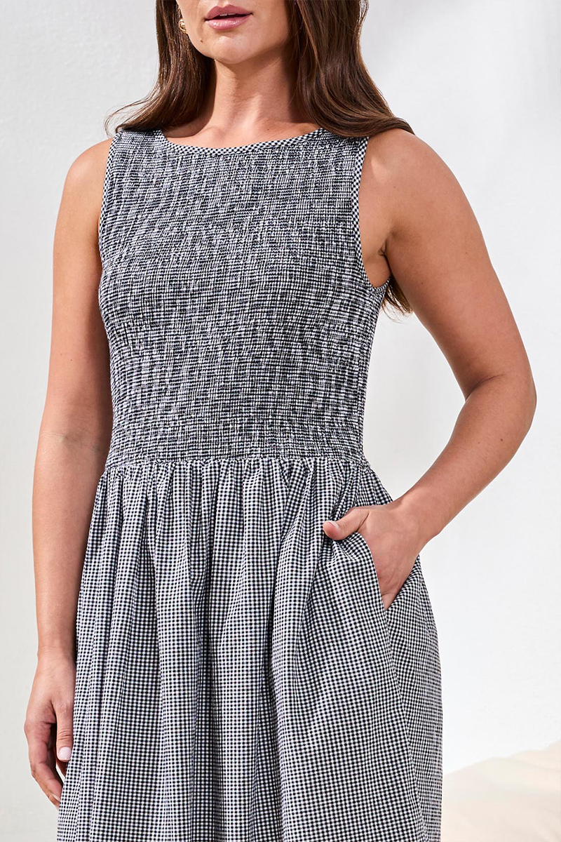 Black Gingham Smocked Midi Dress