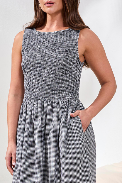 Black Gingham Smocked Midi Dress