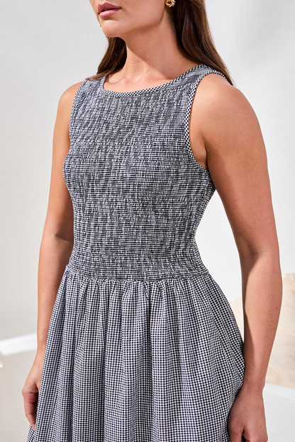 Black Gingham Smocked Midi Dress