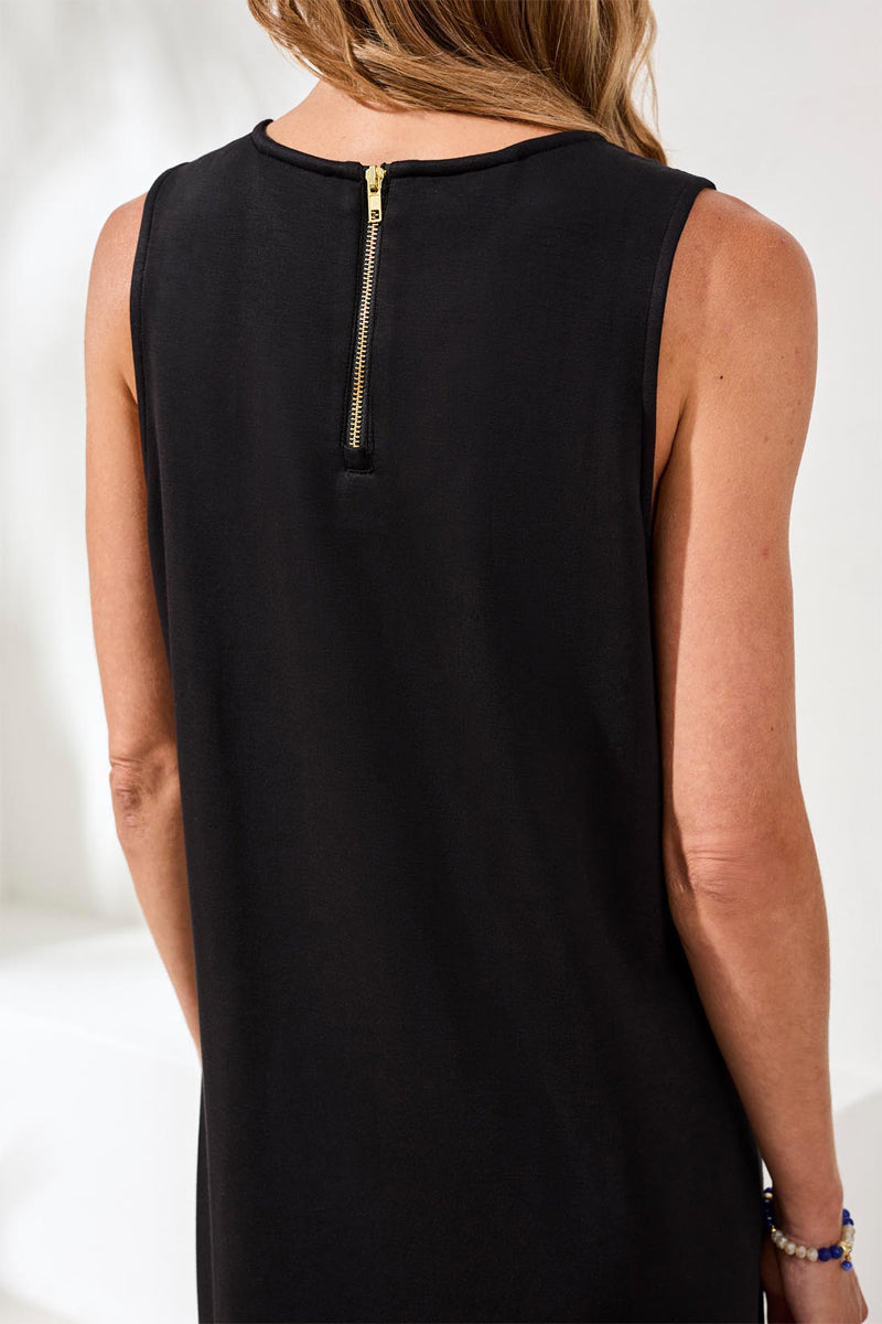 Black sleeveless top with a gold zipper on a white background