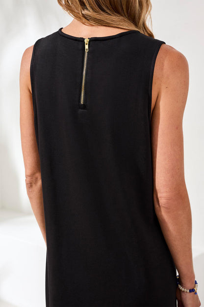 Black sleeveless top with a gold zipper on a white background