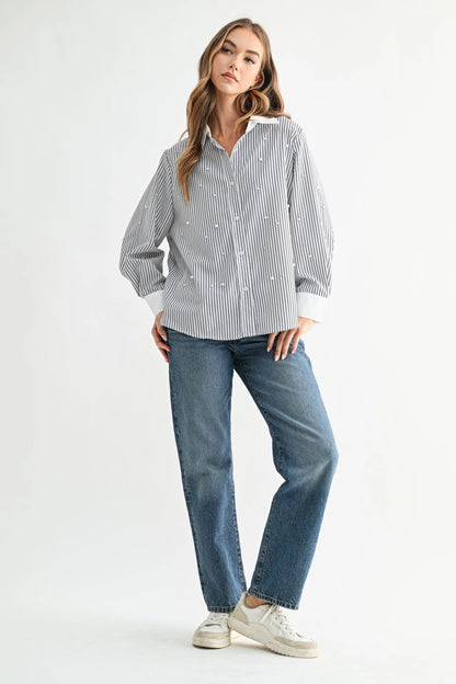 Black Stripe Pearl Collared Shirt