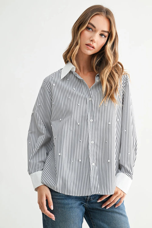 Black Stripe Pearl Collared Shirt
