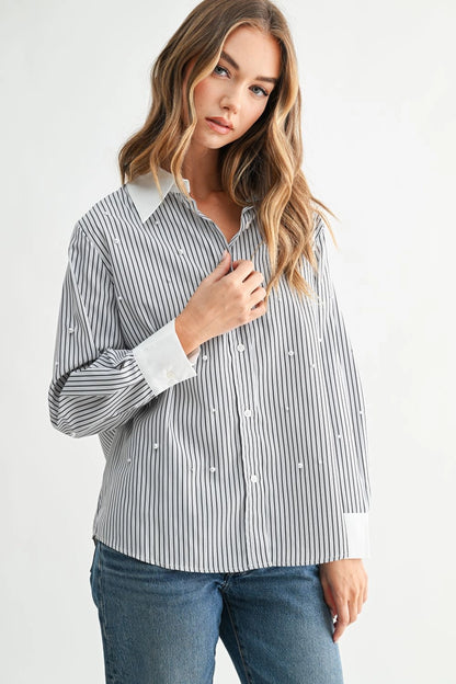 Black Stripe Pearl Collared Shirt