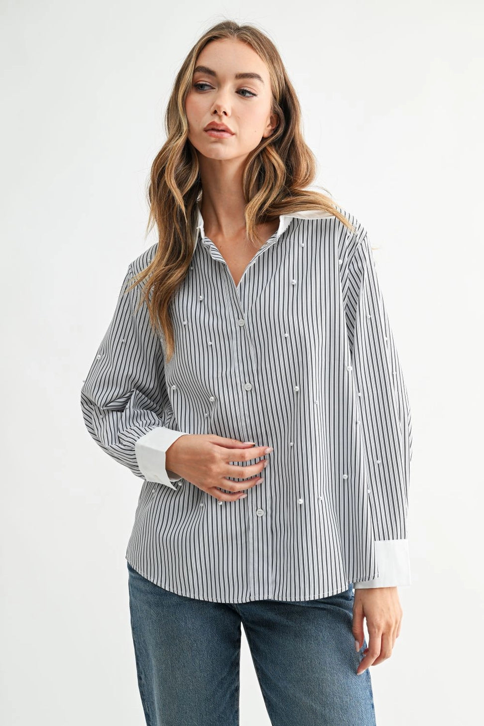 Black Stripe Pearl Collared Shirt