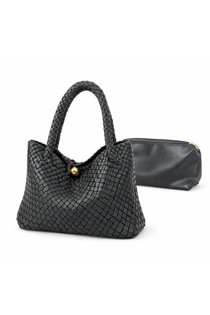 Black woven handbag with a matching pouch on a white background