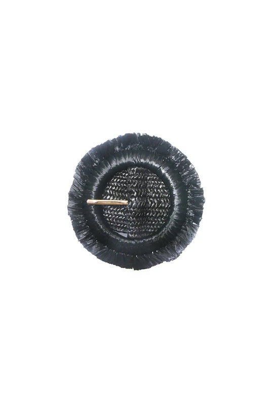 Black button with a woven texture on a white background