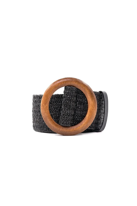 Black straw belt with a wooden buckle on a white background
