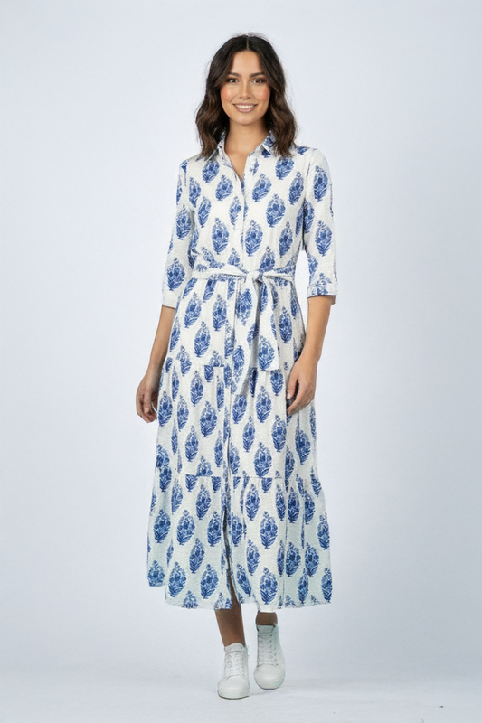 Blue Flora Collared Midi Dress