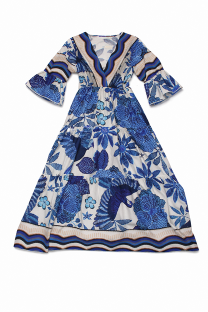 Blue Floral 3/4 Sleeve Maxi Dress
