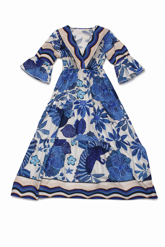 Blue Floral 3/4 Sleeve Maxi Dress