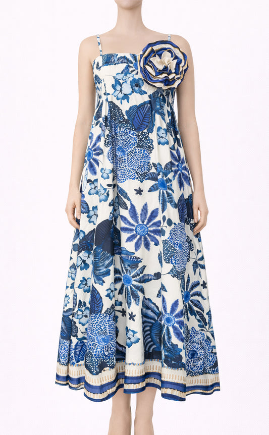 Mannequin wearing a blue floral dress on a white background