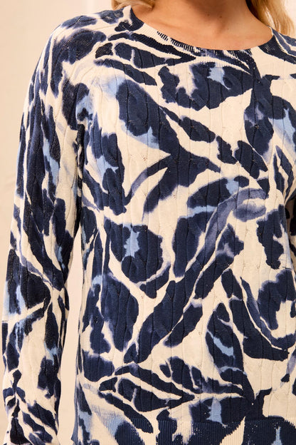 Blue Fog Cotton Crew Neck Cable Sweater