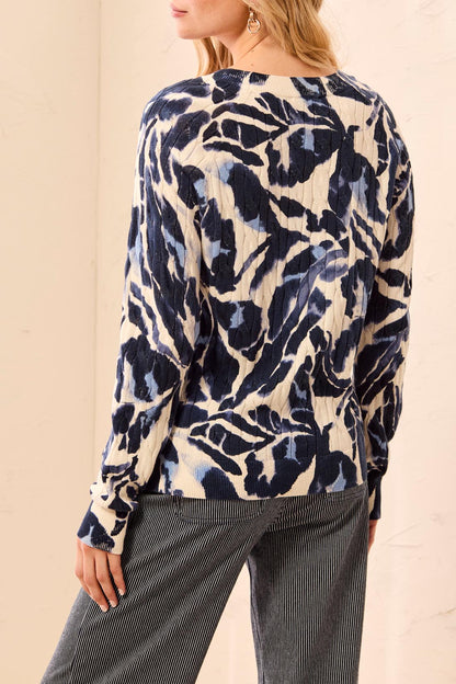 Blue Fog Cotton Crew Neck Cable Sweater