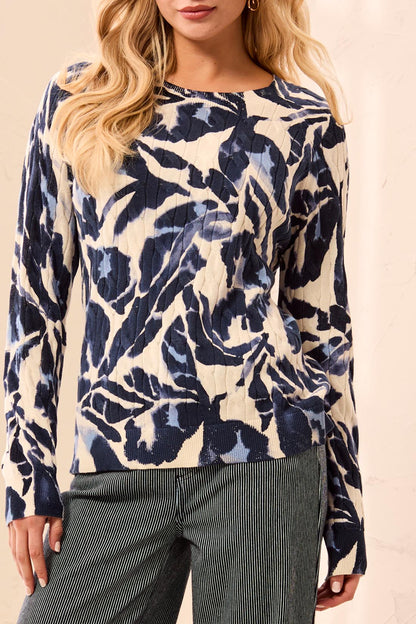 Blue Fog Cotton Crew Neck Cable Sweater