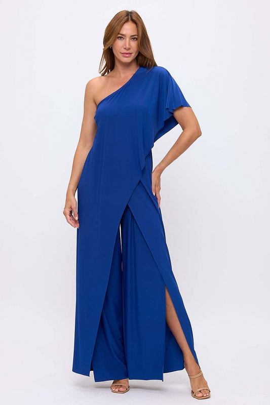 Woman wearing a blue one-shoulder dress on a white background