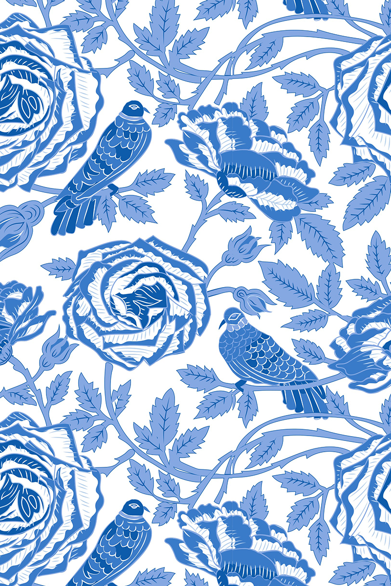 Fabric swatch pattern of blue birds and flowers