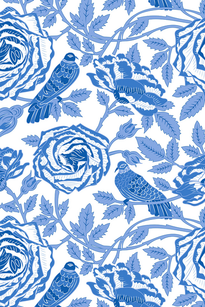 Fabric swatch pattern of blue birds and flowers