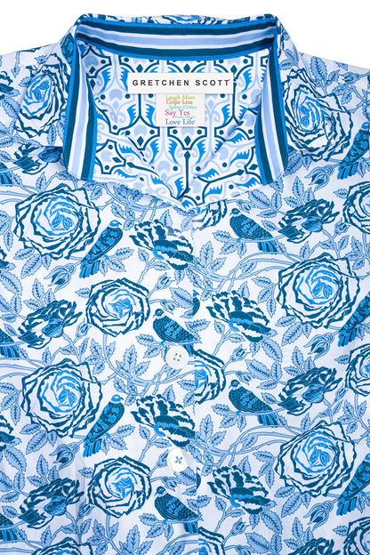 Blue floral and bird patterned collared dress