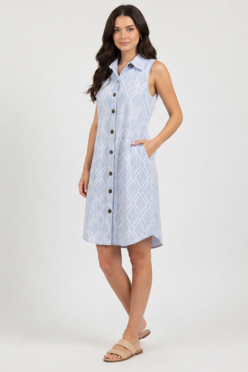 Brunette woman wearing Blue Striped Textured Sleeveless Dress with sandals on a white background