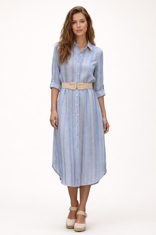 Blue Stripes Belted Midi Dress