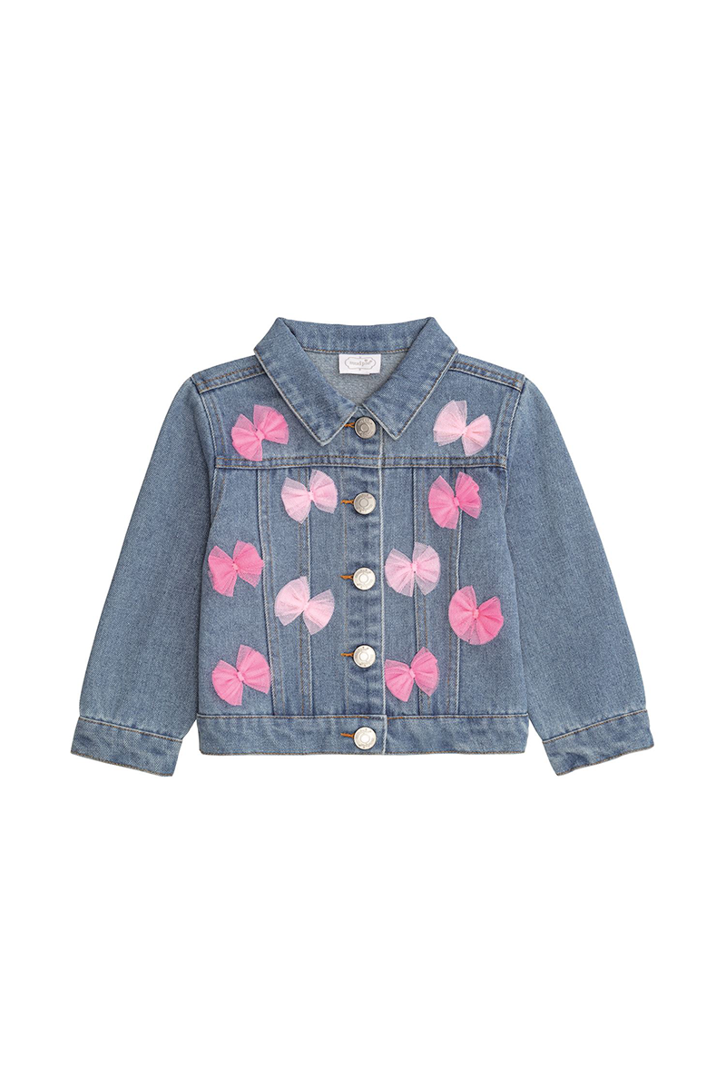 Denim jacket with pink bows on a white background