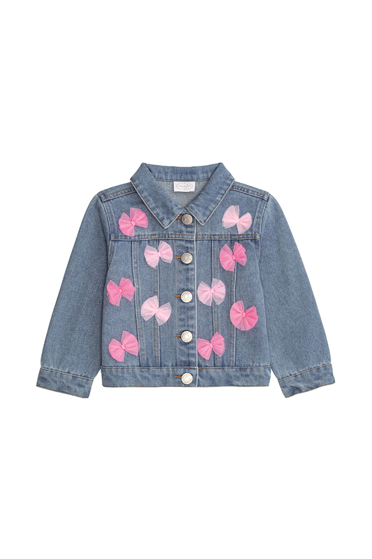 Denim jacket with pink bows on a white background