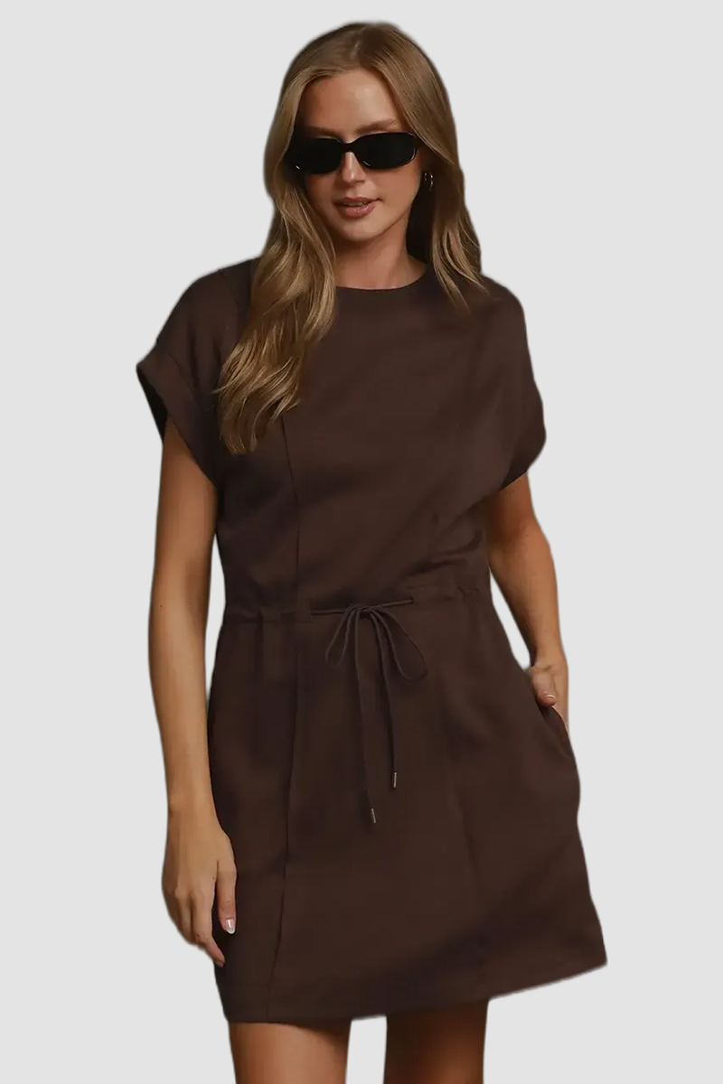 Brown Drawstring Waist Sweatshirt Dress