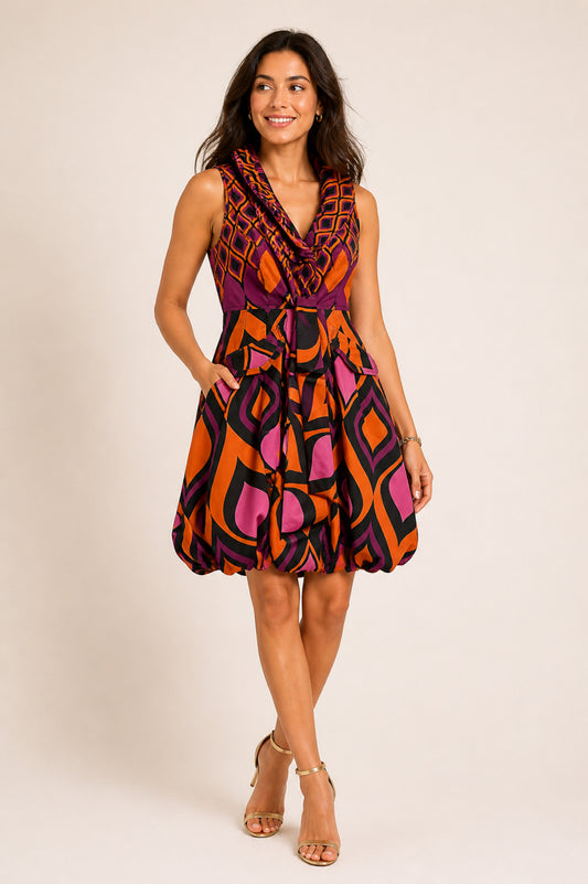 Woman wearing a colorful patterned dress on a beige background