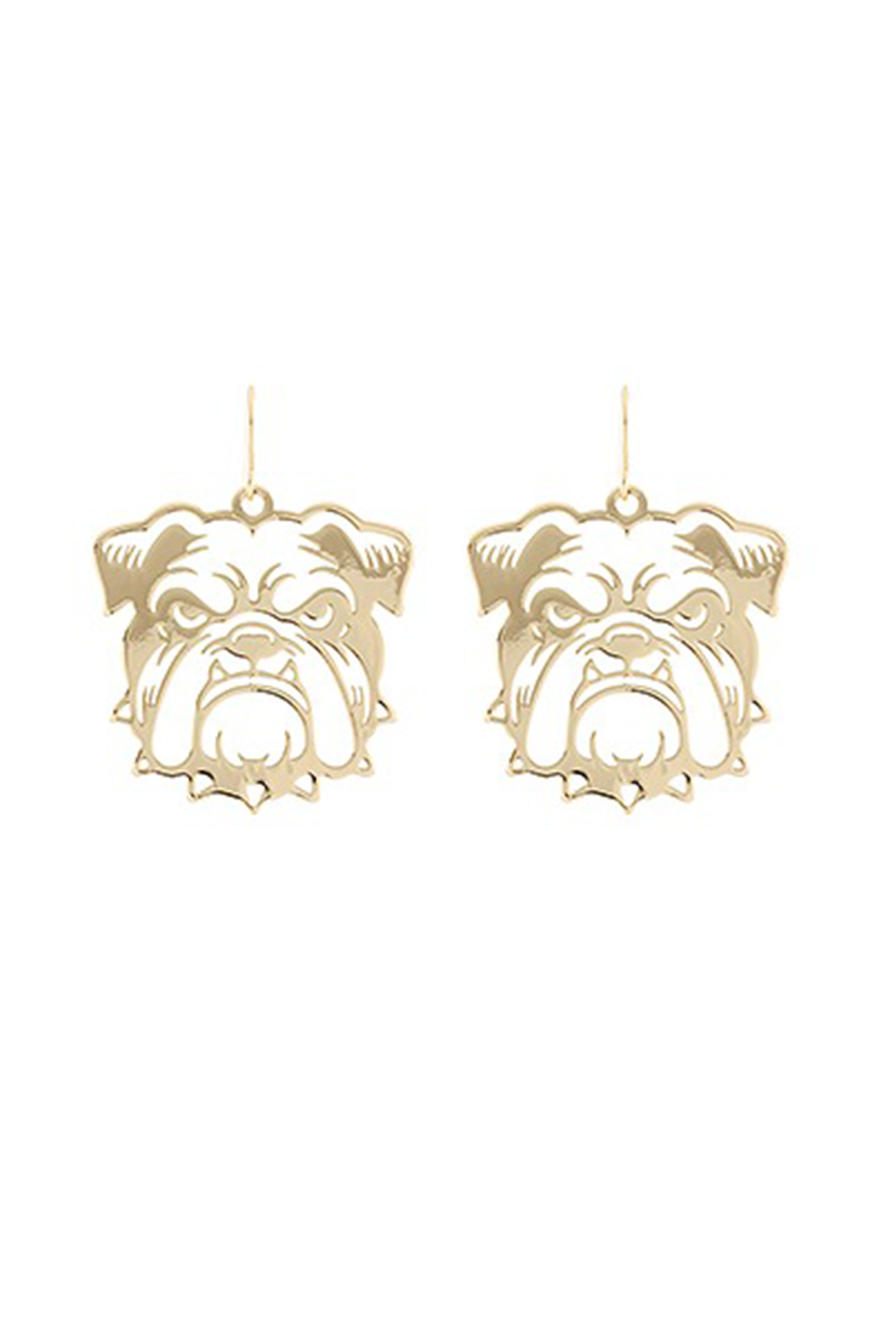 Gold bulldog face earrings on a white background
