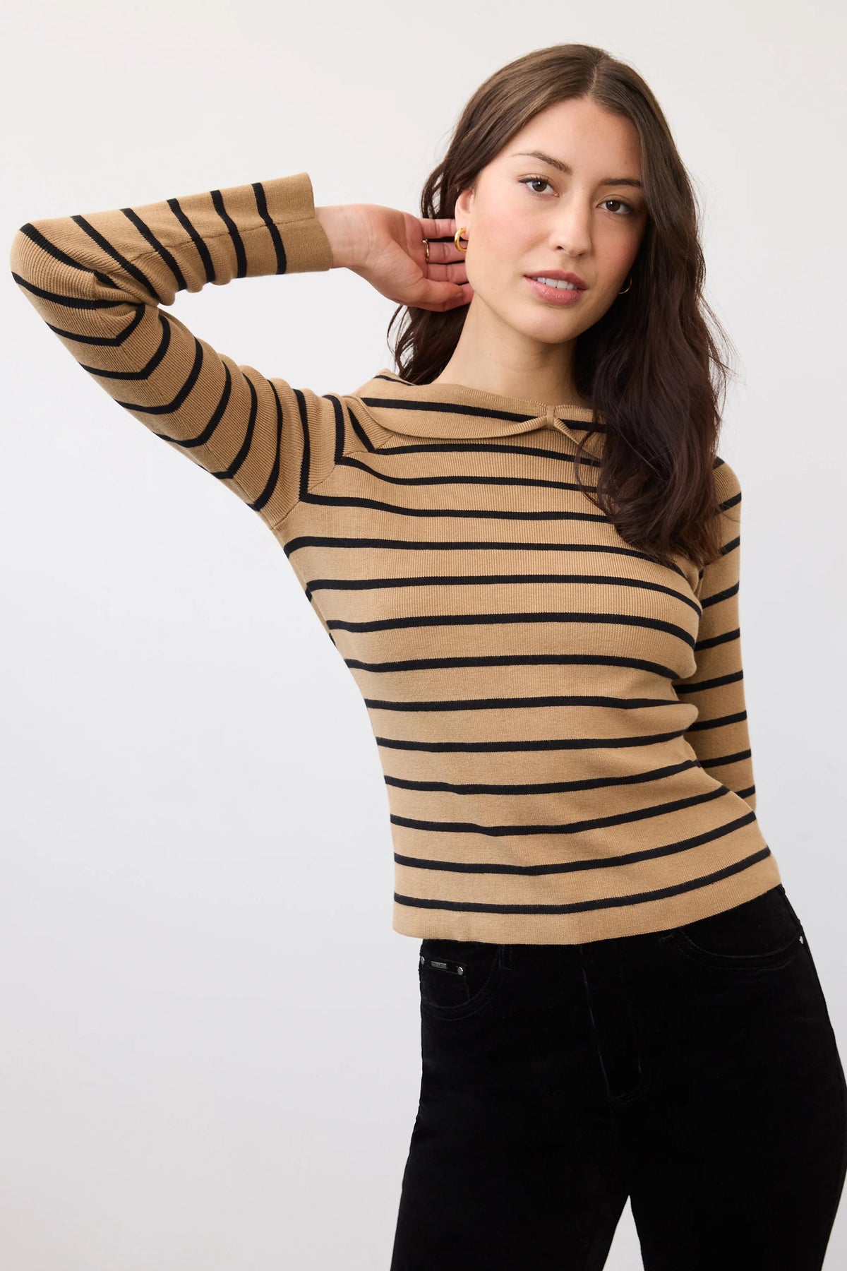 Caramel Stripe Long Sleeve Off The Shoulder Sweater