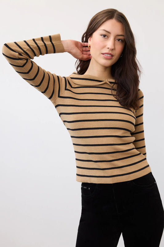 Caramel Stripe Long Sleeve Off The Shoulder Sweater