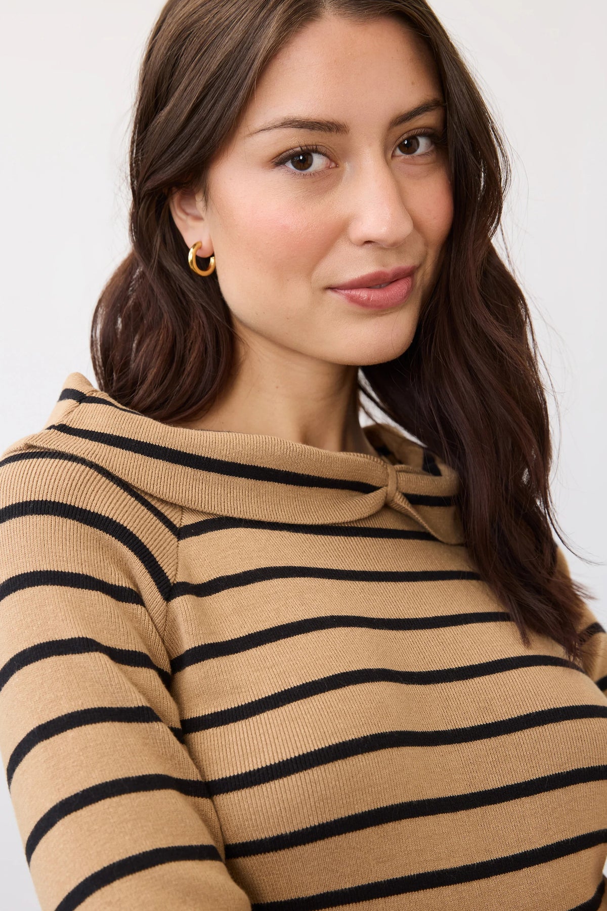 Caramel Stripe Long Sleeve Off The Shoulder Sweater