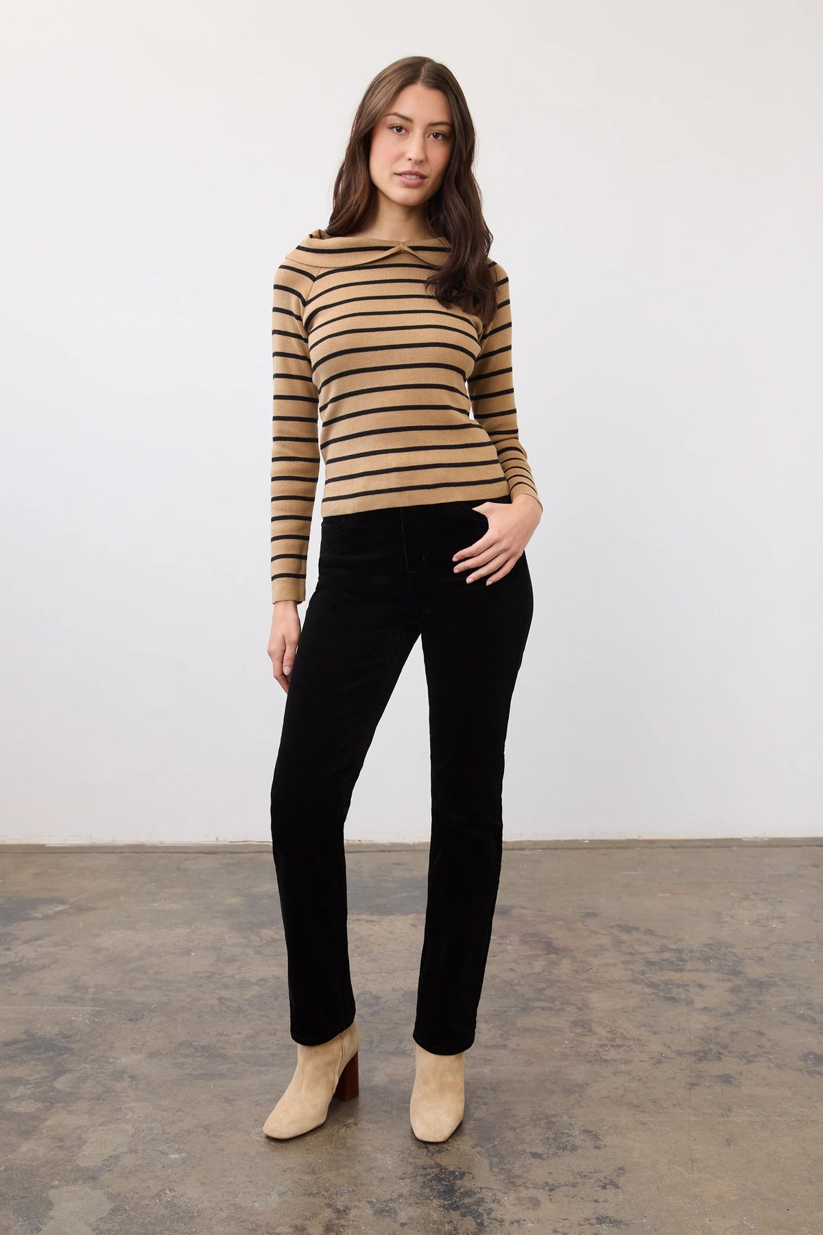 Caramel Stripe Long Sleeve Off The Shoulder Sweater