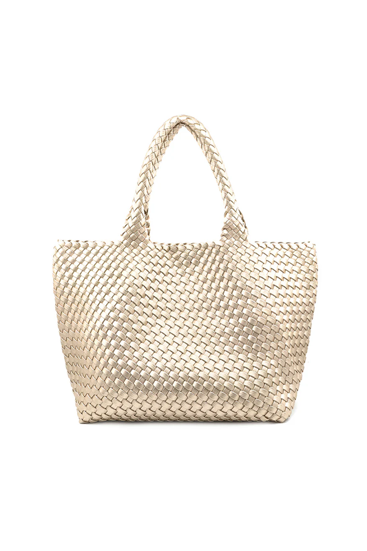 Woven metallic champagne colored handbag on a white background